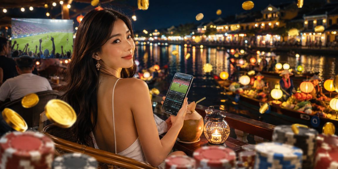 Người dùng tại Hội An xem thông tin cược trên điện thoại trong quán cà phê